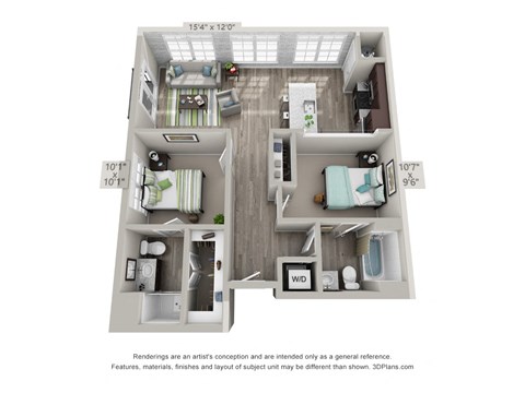 a 3d furnished floor plan with an open concept kitchen and living room